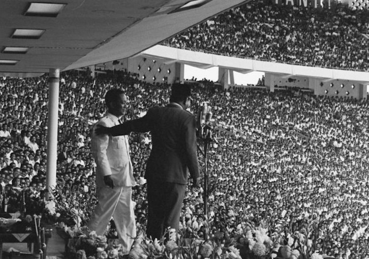 President Sukarno with PKI Secretary General DN Aidit at an anniversary celebration for the PKI, 23 May 1965  -  Howard Sochurek