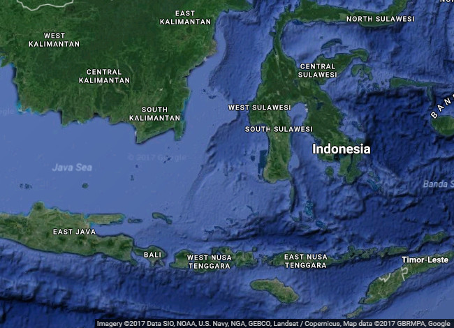 A satellite map of parts of eastern Indonesia.