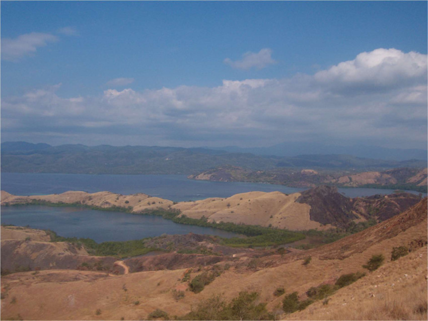 View from a hill of a peninsula, bordered by the sea.